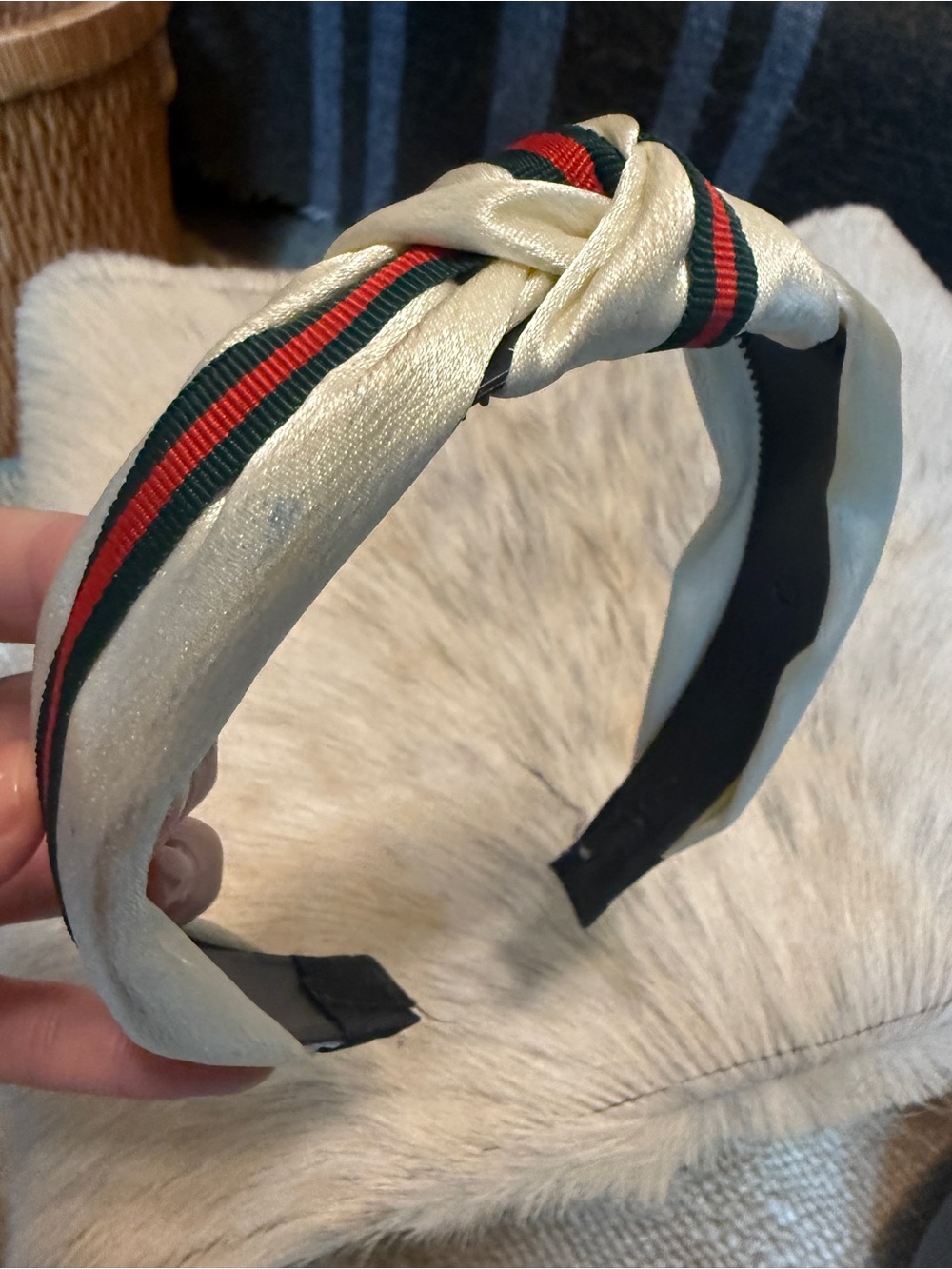White satin red and green Twisted Headband with Multicolor Stripe Accent